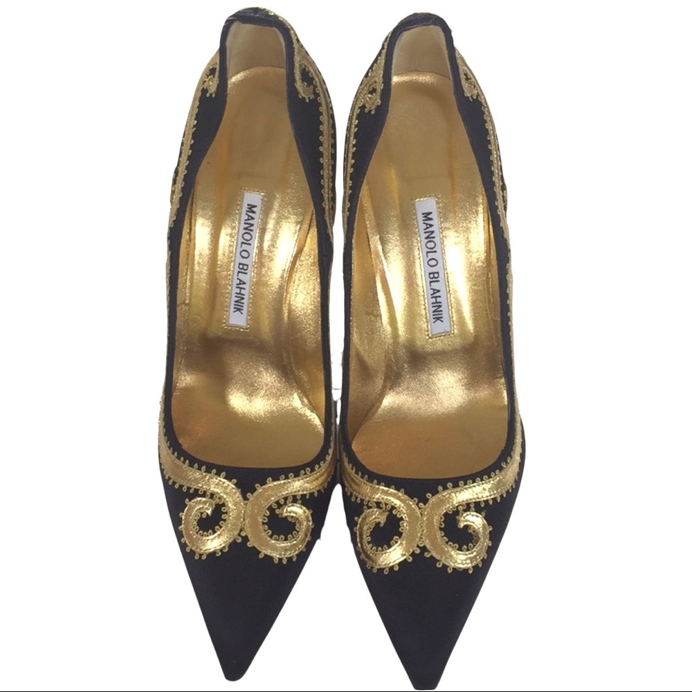 Manolo Blahnik black high heels stilettos beautiful intricate gold trim - Picture 3 of 8